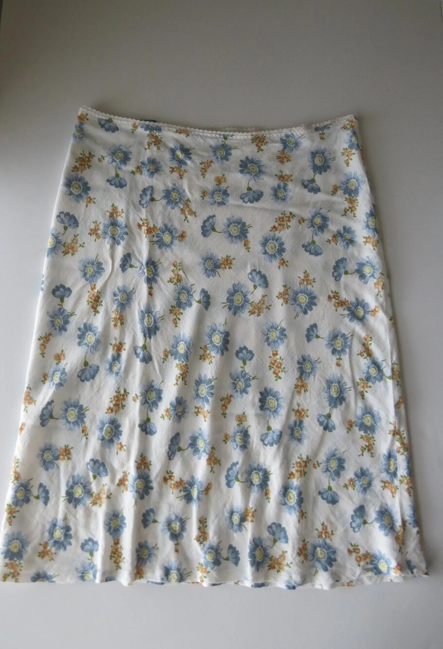 Vintage 2000s Italian Floral Midi Skirt, Picot Trim, Blue Orange Flowers, Made i